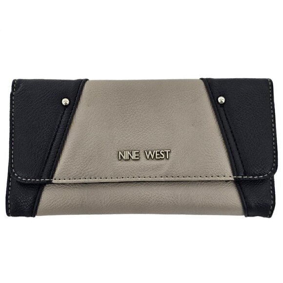 NINE WEST Large Tri-Fold Black and Beige Color Block Faux Leather Wallet - Picture 1 of 10